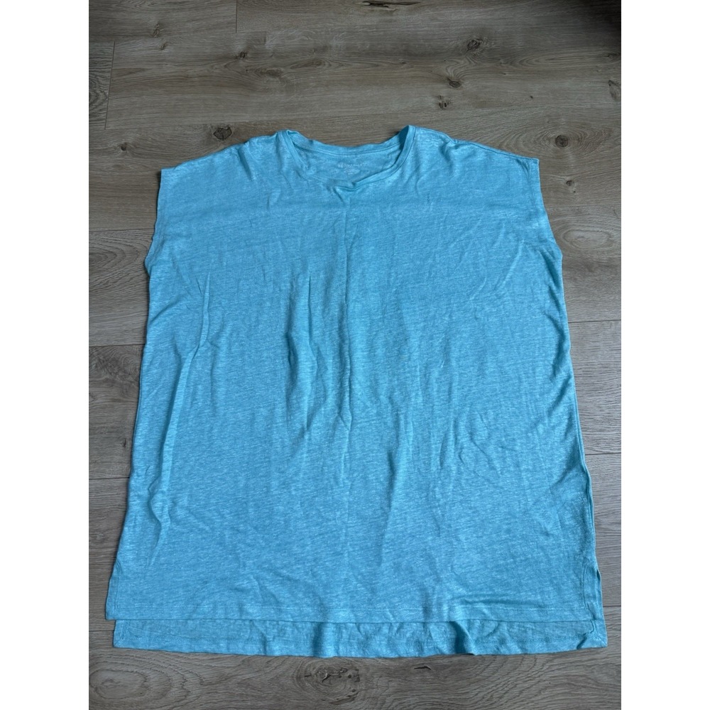 EUC Eileen Fisher 100% Organic Linen Blue Short Sleeve Top Coastal Size M